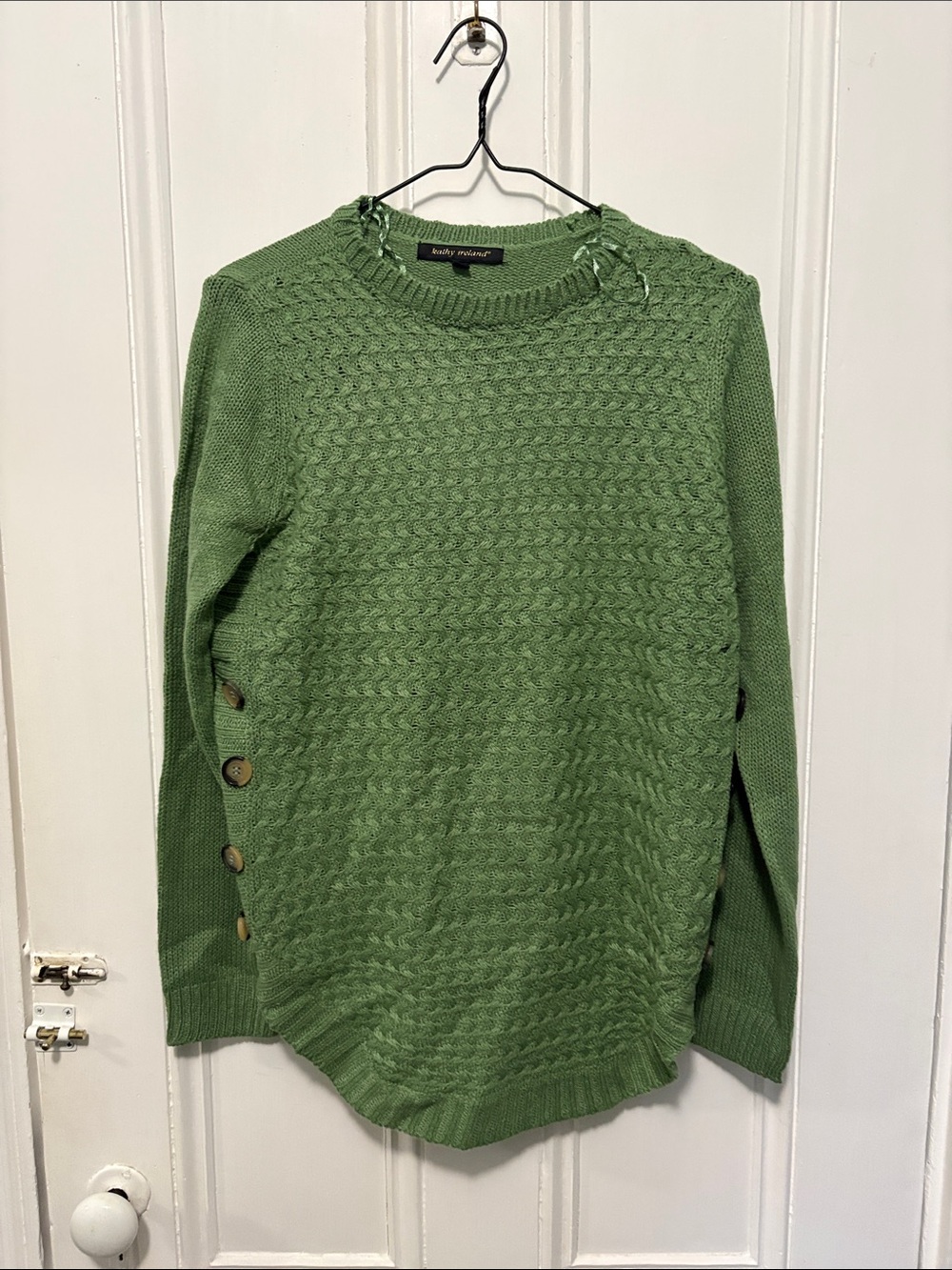kathy ireland Green Cable-Knit Crew Sweater with Side Buttons